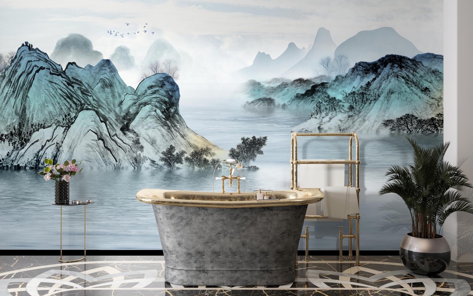 Фотошпалери рибалка на гірській водоймі