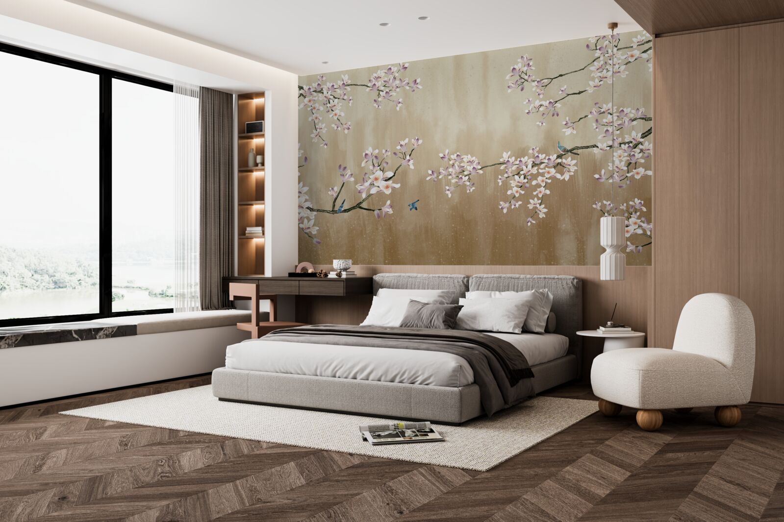 Фотошпалери квіти цвітуть, приносячи радість птахам