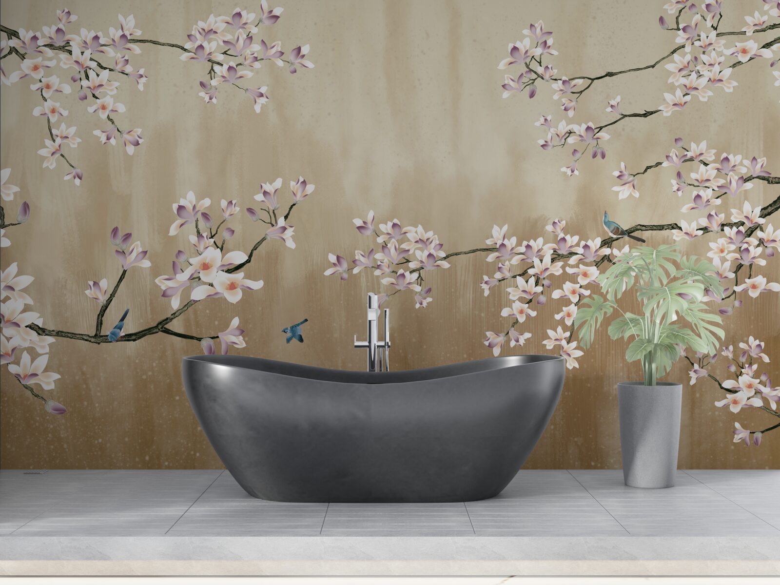 Фотошпалери квіти цвітуть, приносячи радість птахам