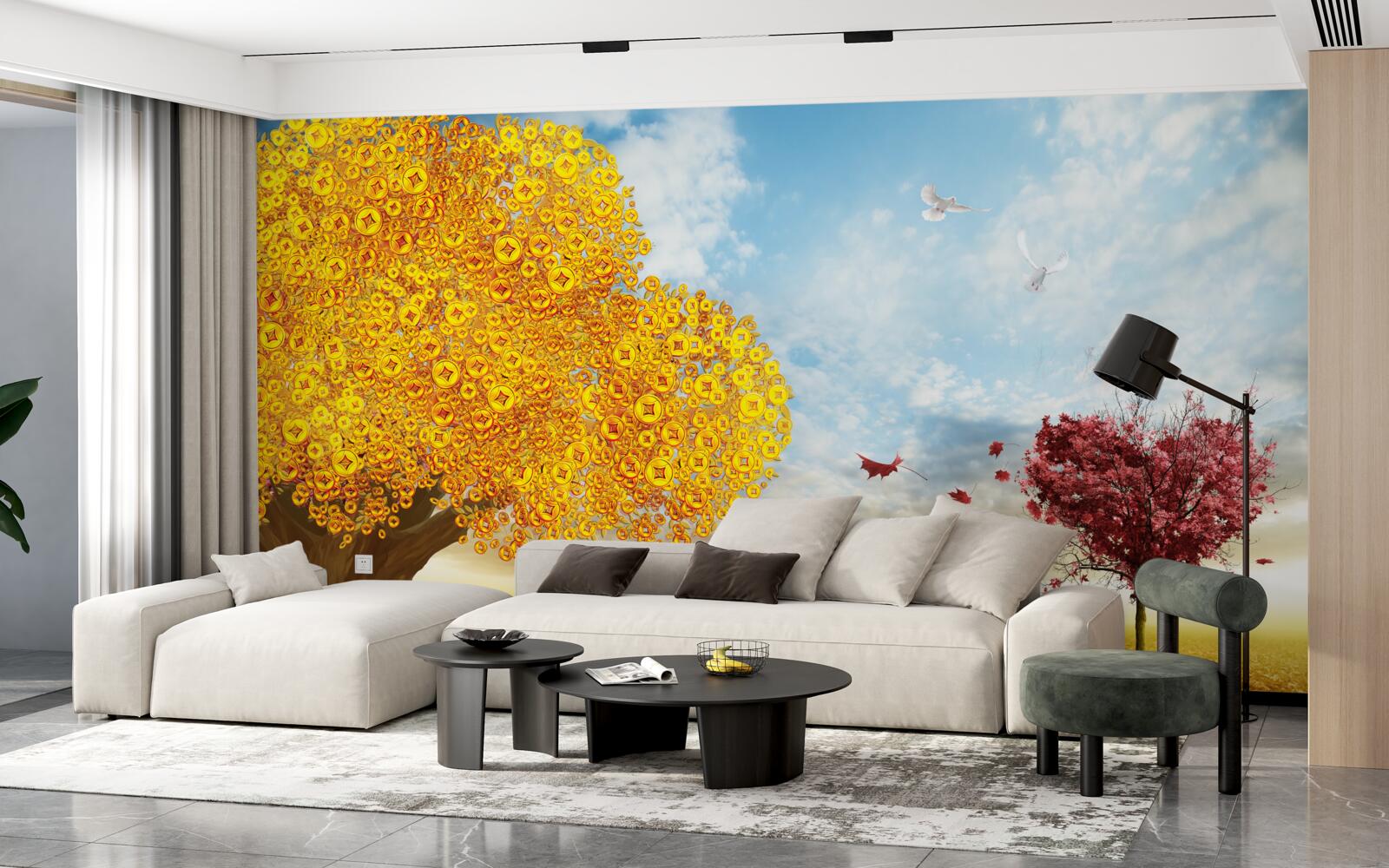 Фотошпалери яскраві відтінки осіннього листя на тлі блакитного неба