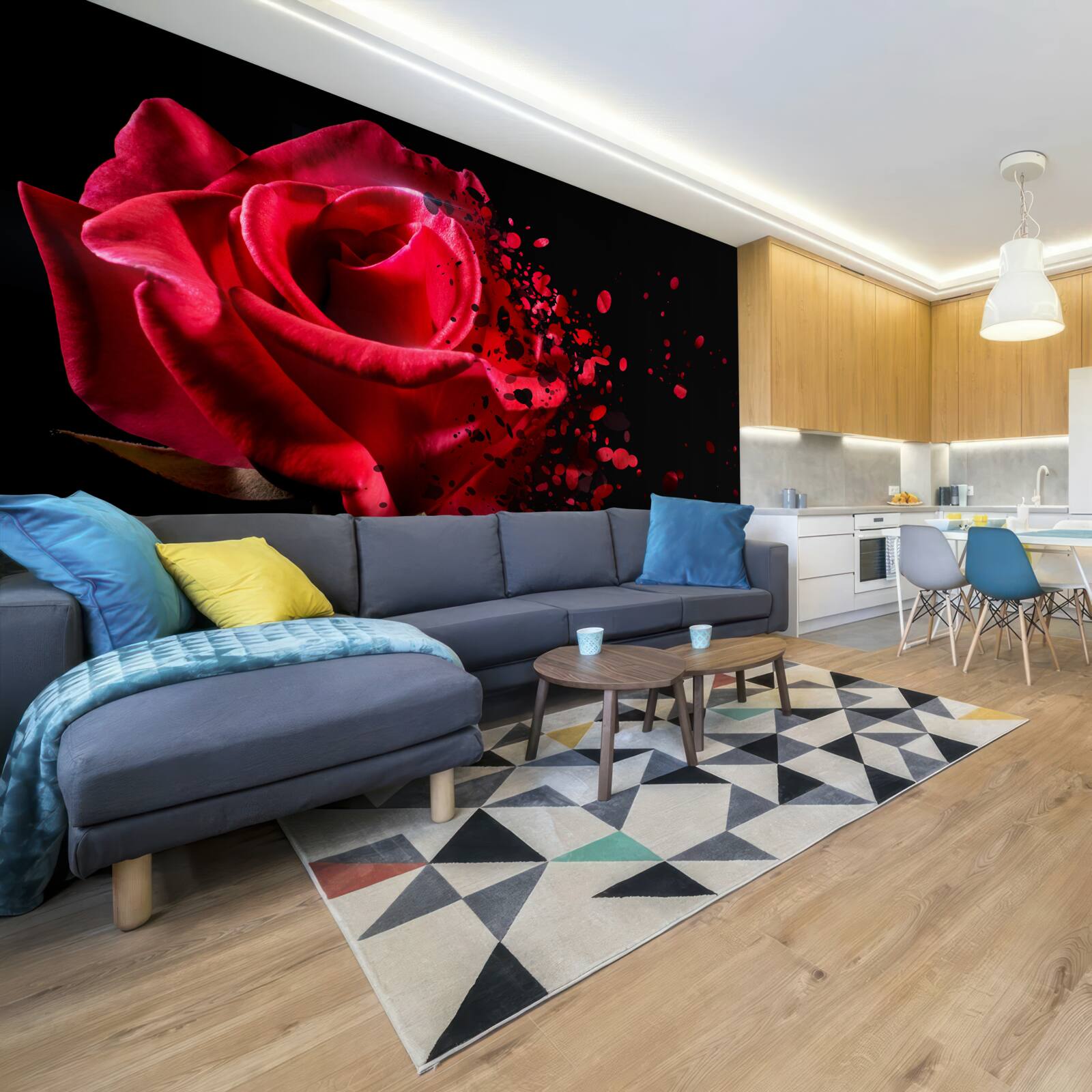 Фотошпалери червона троянда цвіте на чорному тлі