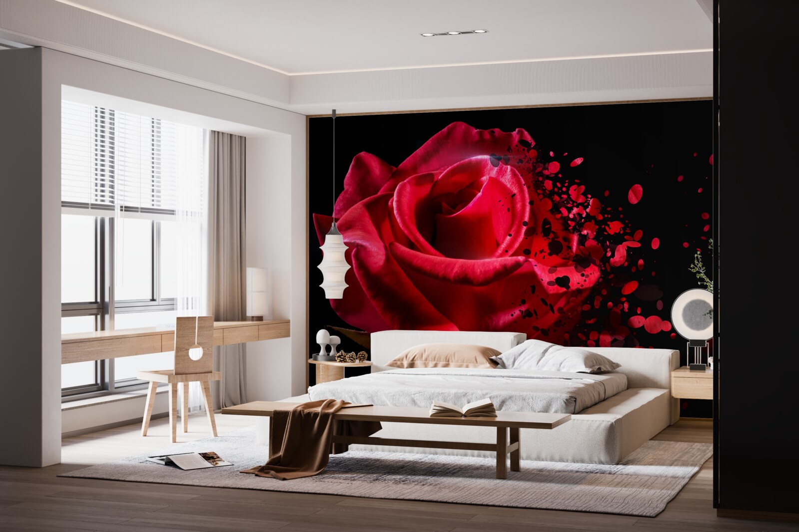 Фотошпалери червона троянда цвіте на чорному тлі