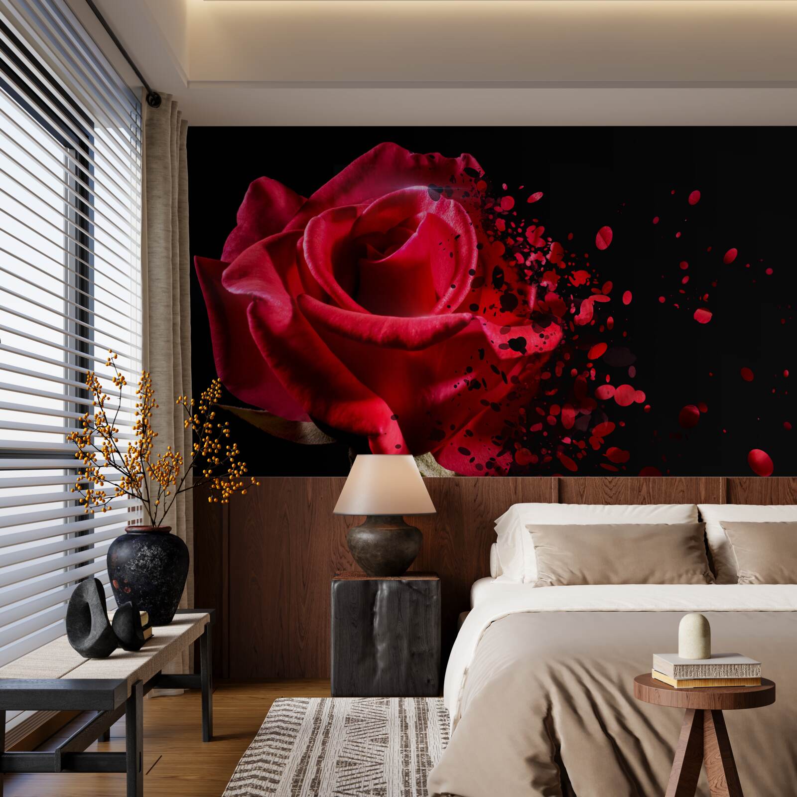 Фотошпалери червона троянда цвіте на чорному тлі