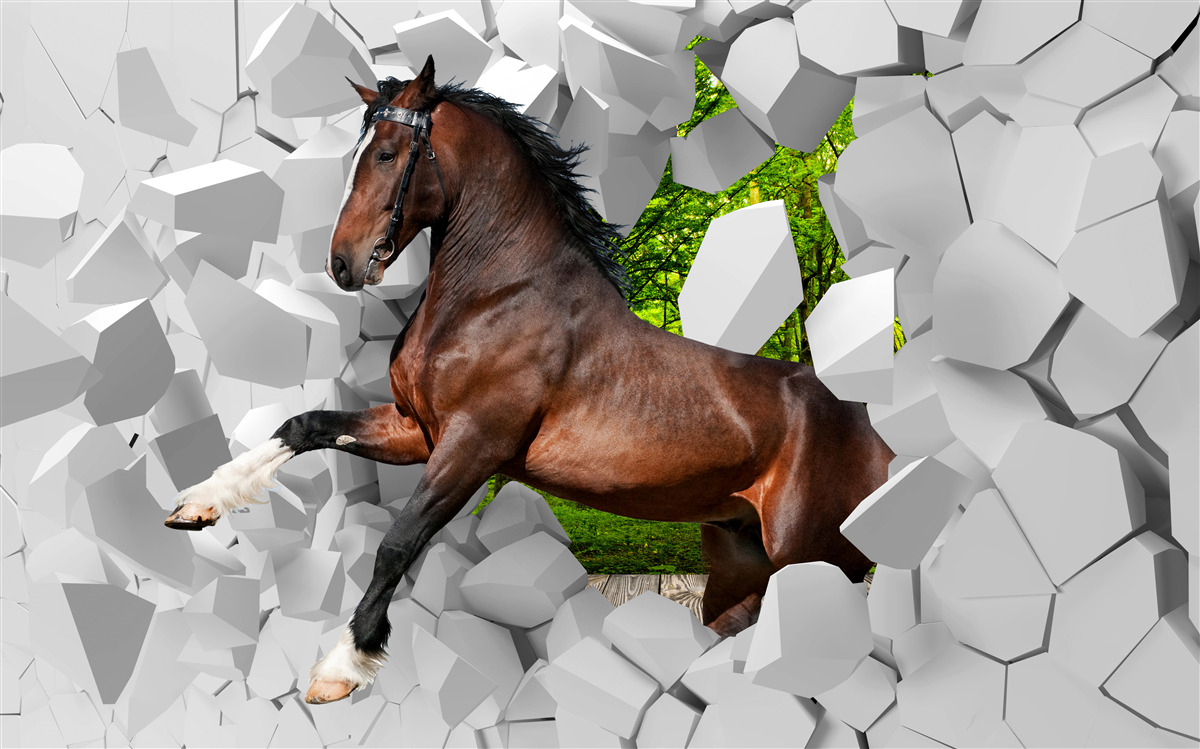 Фотошпалери коричневий кінь долає стіну перешкоди