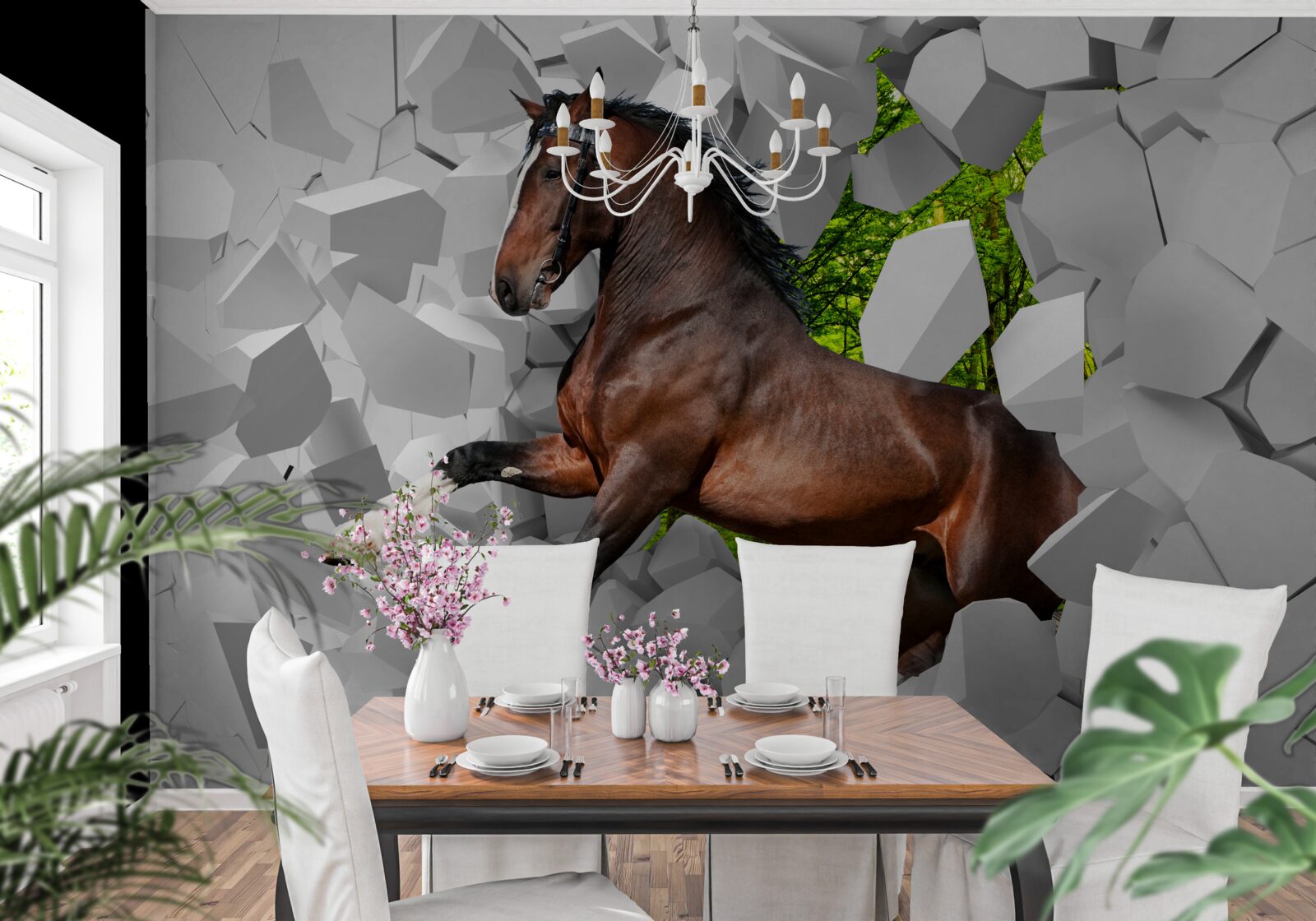 Фотошпалери коричневий кінь долає стіну перешкоди