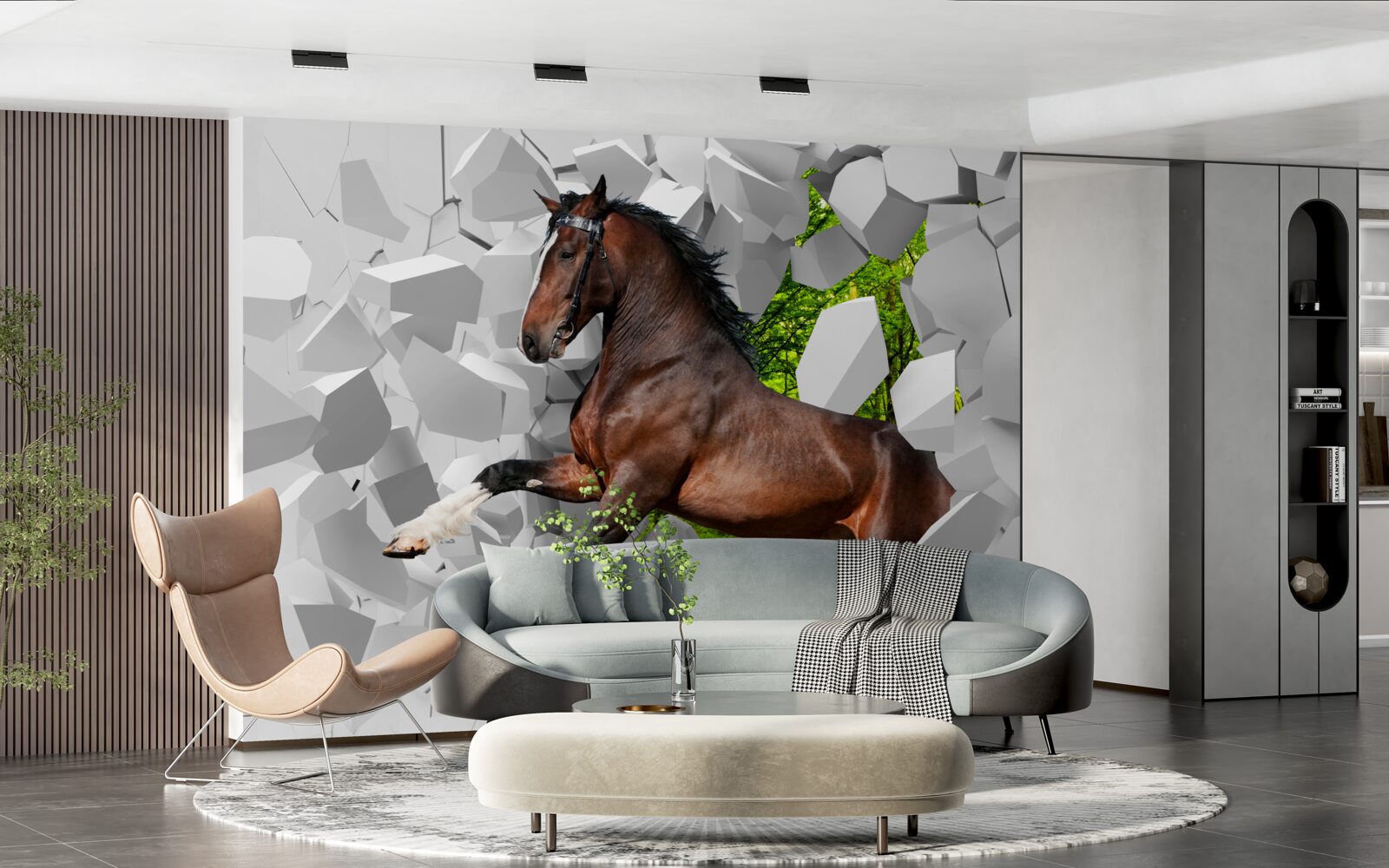 Фотошпалери коричневий кінь долає стіну перешкоди