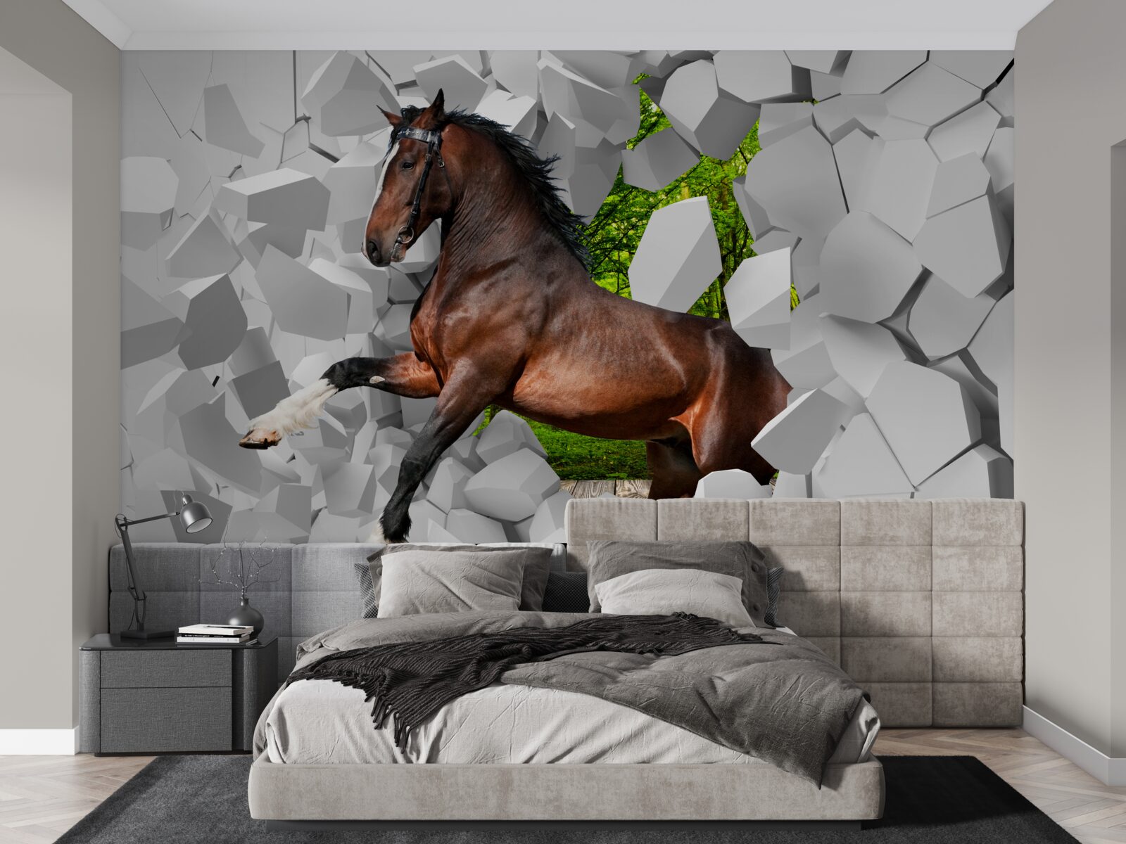 Фотошпалери коричневий кінь долає стіну перешкоди
