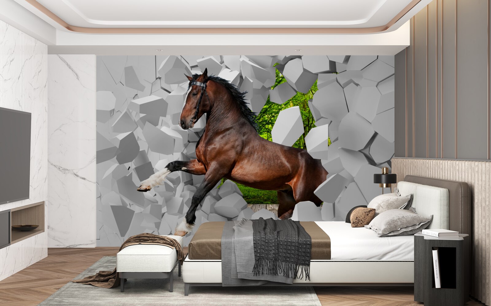 Фотошпалери коричневий кінь долає стіну перешкоди