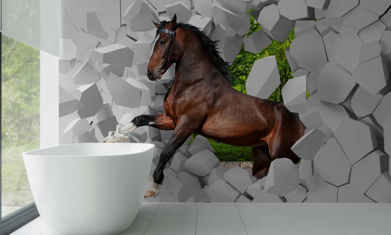 Фотошпалери коричневий кінь долає стіну перешкоди