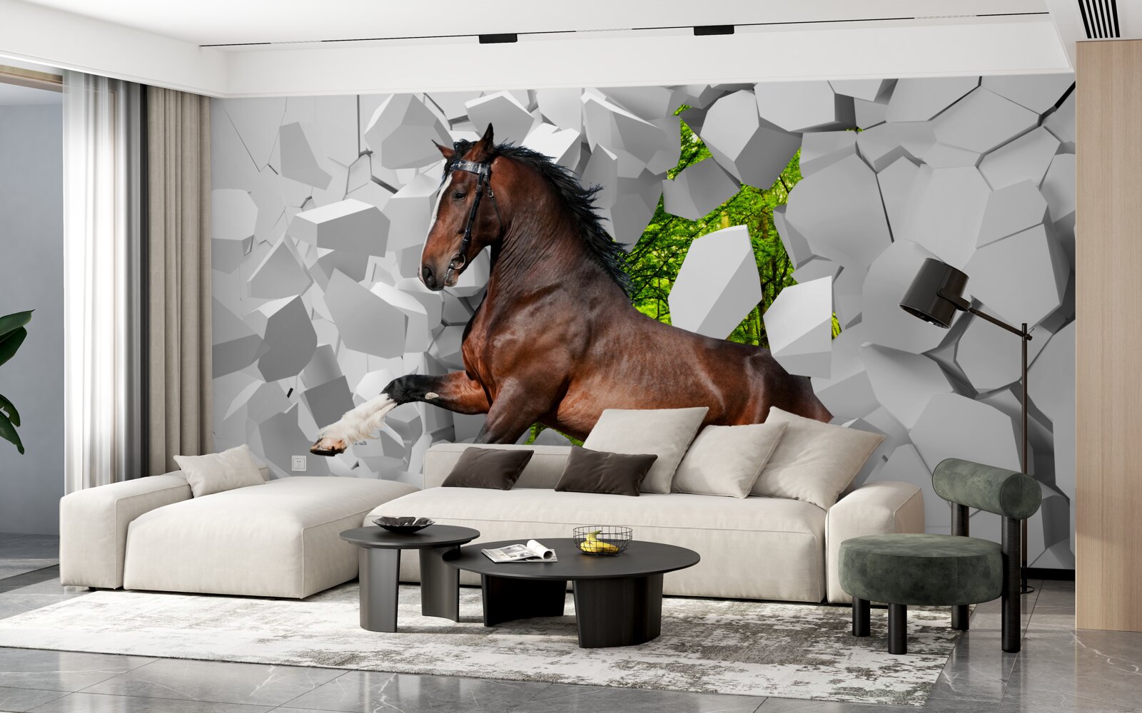 Фотошпалери коричневий кінь долає стіну перешкоди