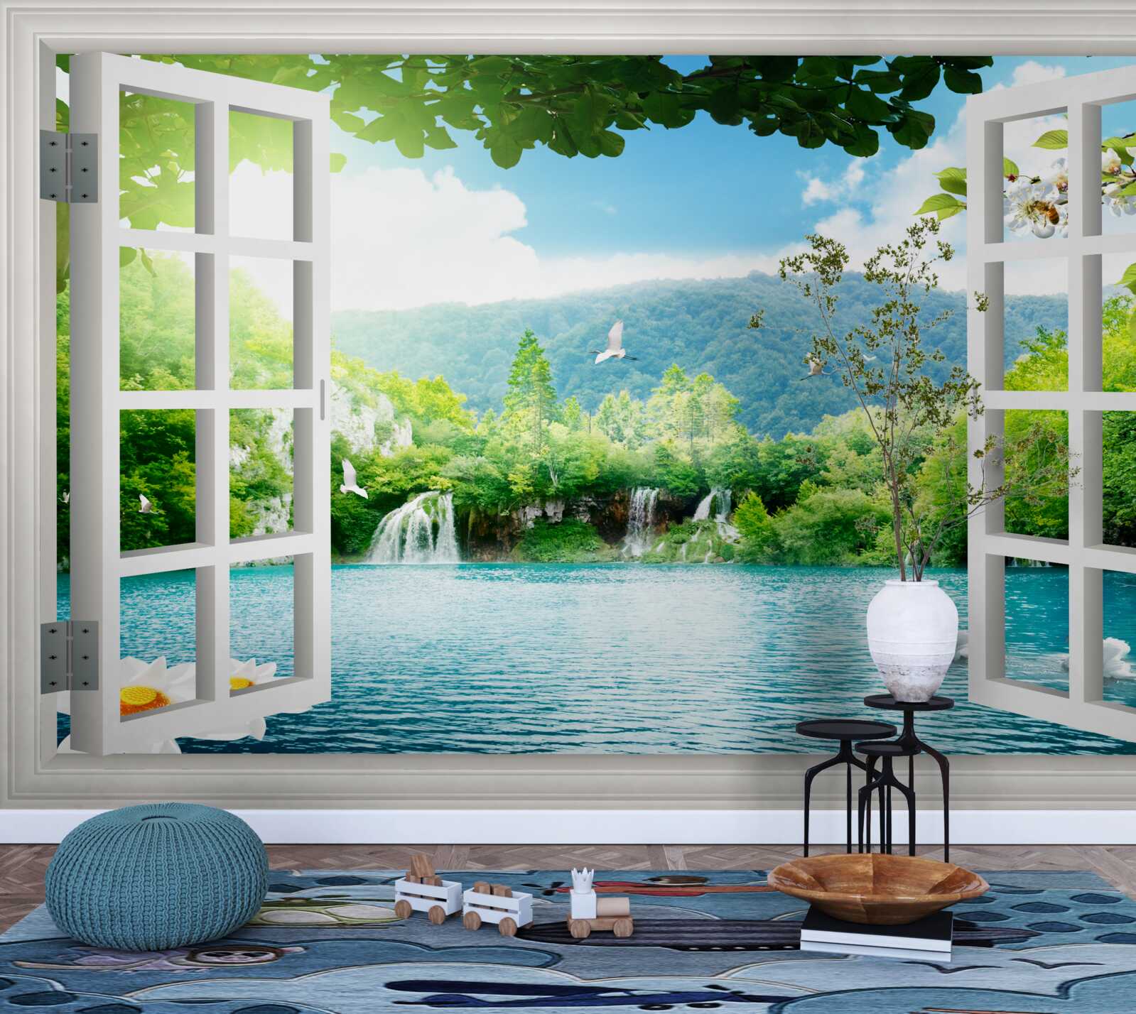Фотошпалери вікно виходить на озеро, в яке стікають водоспади