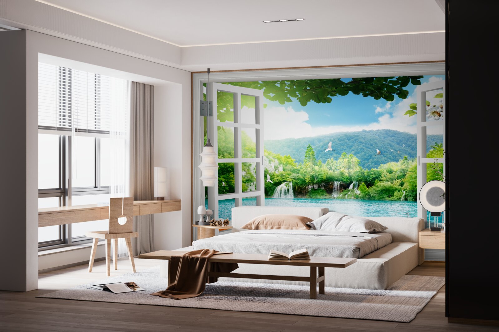 Фотошпалери вікно виходить на озеро, в яке стікають водоспади