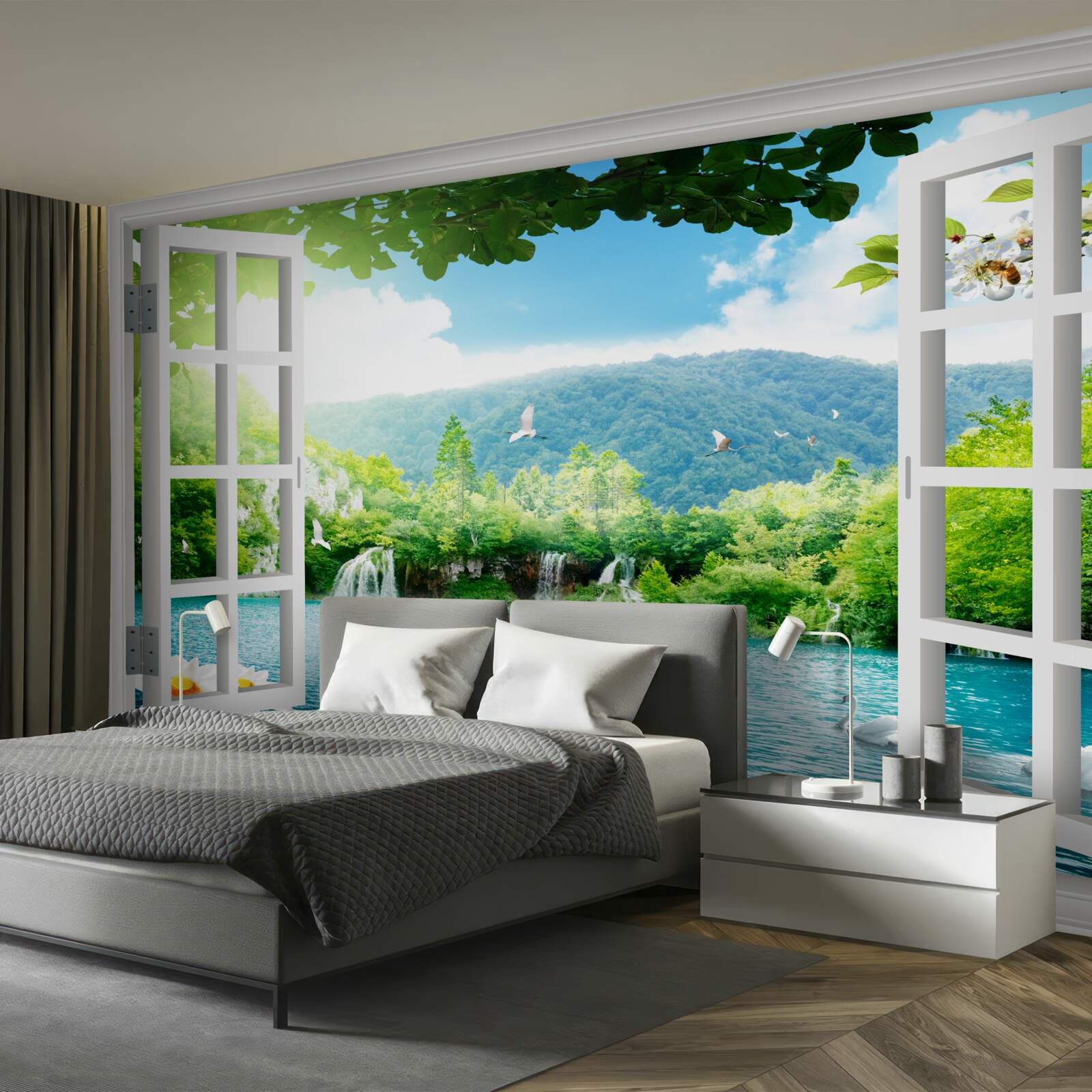 Фотошпалери вікно виходить на озеро, в яке стікають водоспади