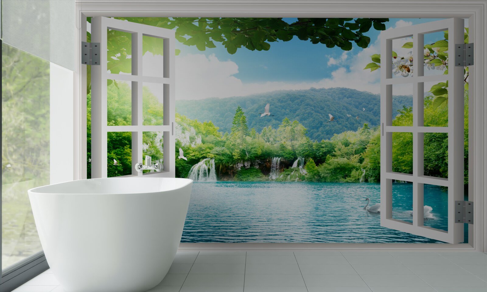 Фотошпалери вікно виходить на озеро, в яке стікають водоспади