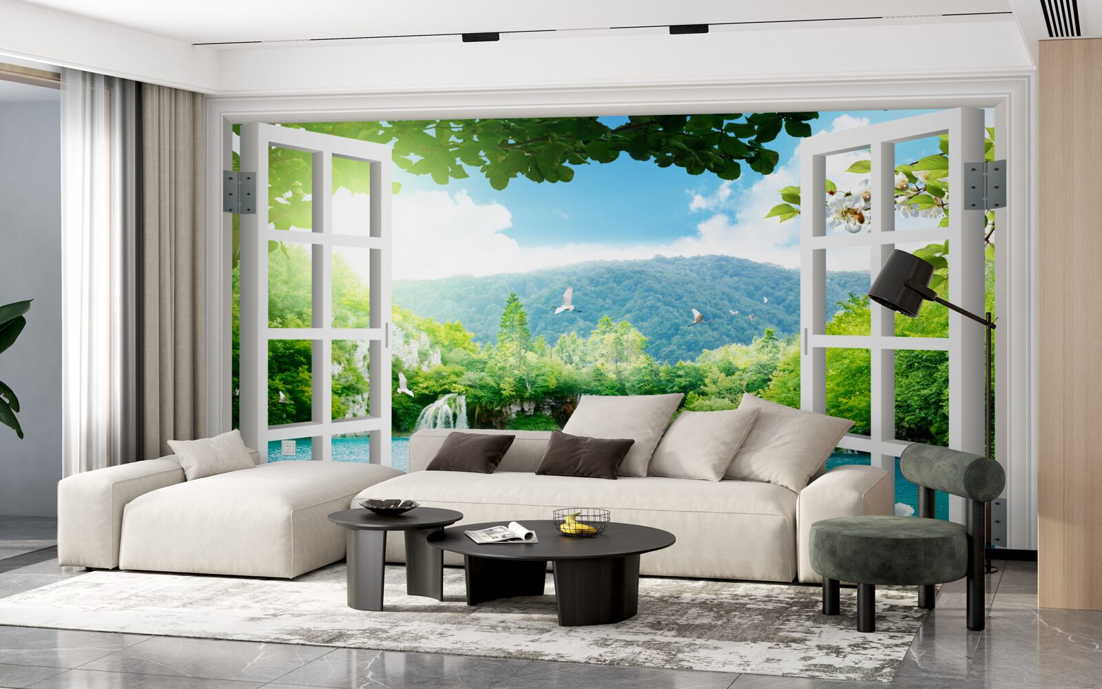 Фотошпалери вікно виходить на озеро, в яке стікають водоспади