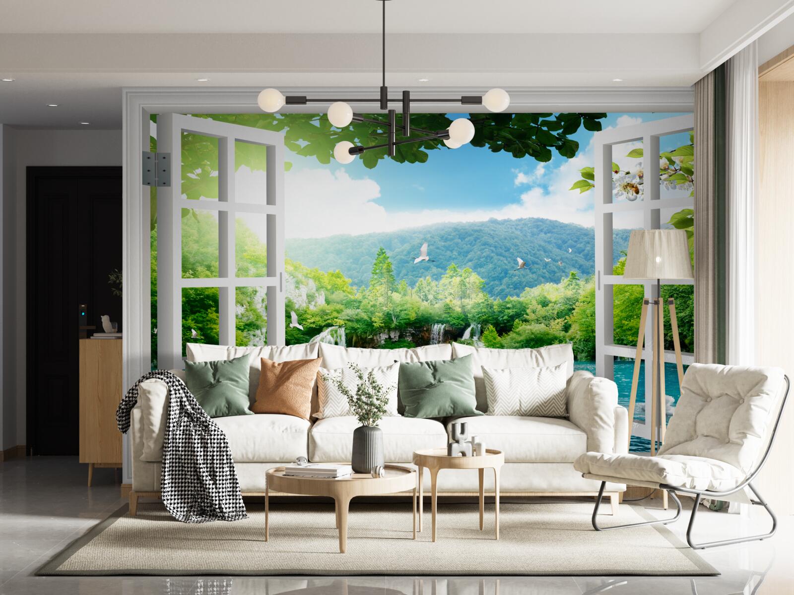 Фотошпалери вікно виходить на озеро, в яке стікають водоспади