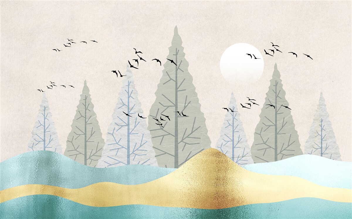 Фотошпалери птахи, що летять над лісом на заході сонця