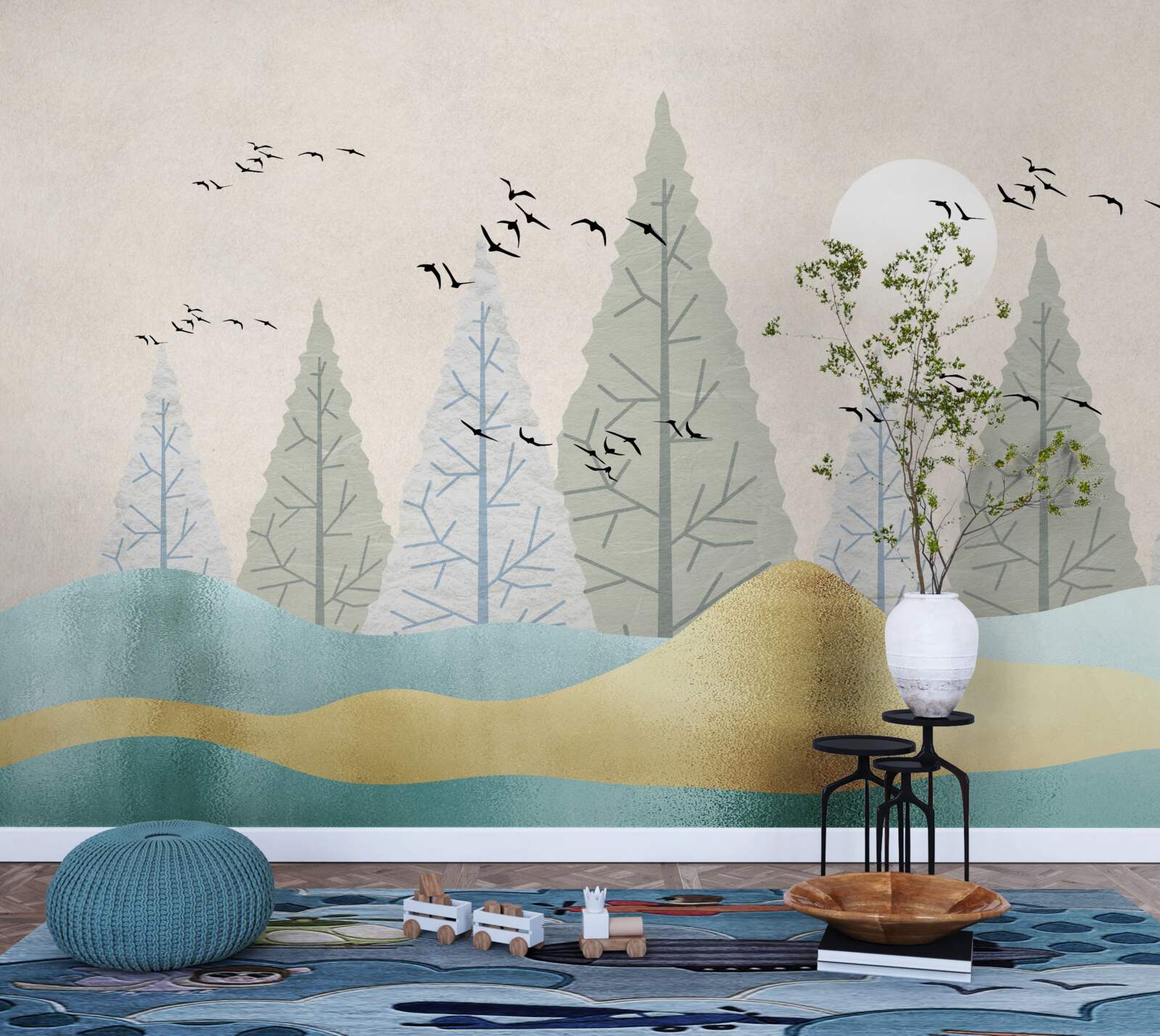 Фотошпалери птахи, що летять над лісом на заході сонця