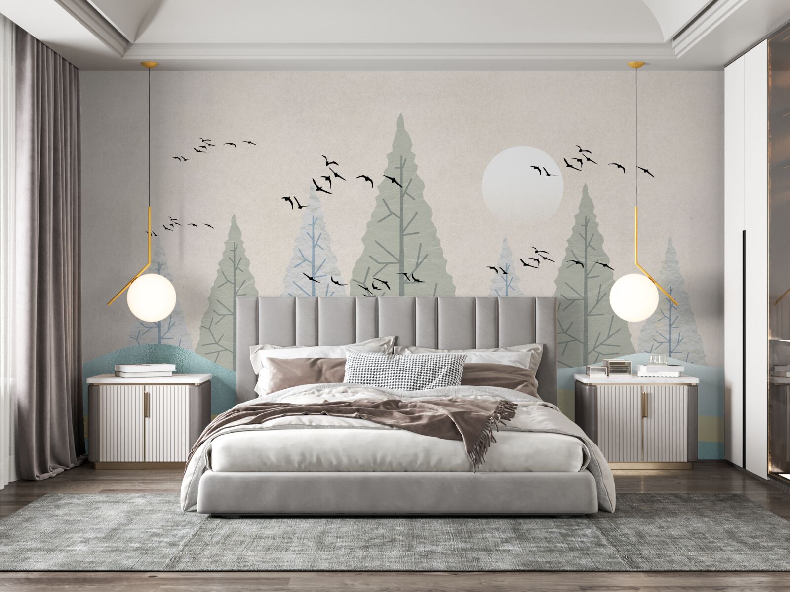 Фотошпалери птахи, що летять над лісом на заході сонця