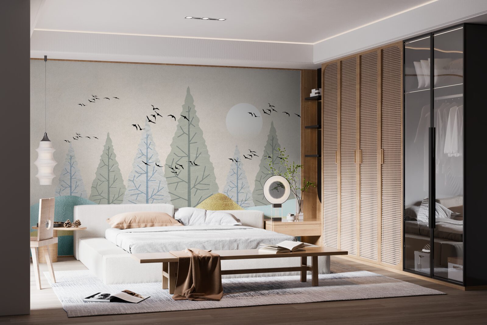 Фотошпалери птахи, що летять над лісом на заході сонця