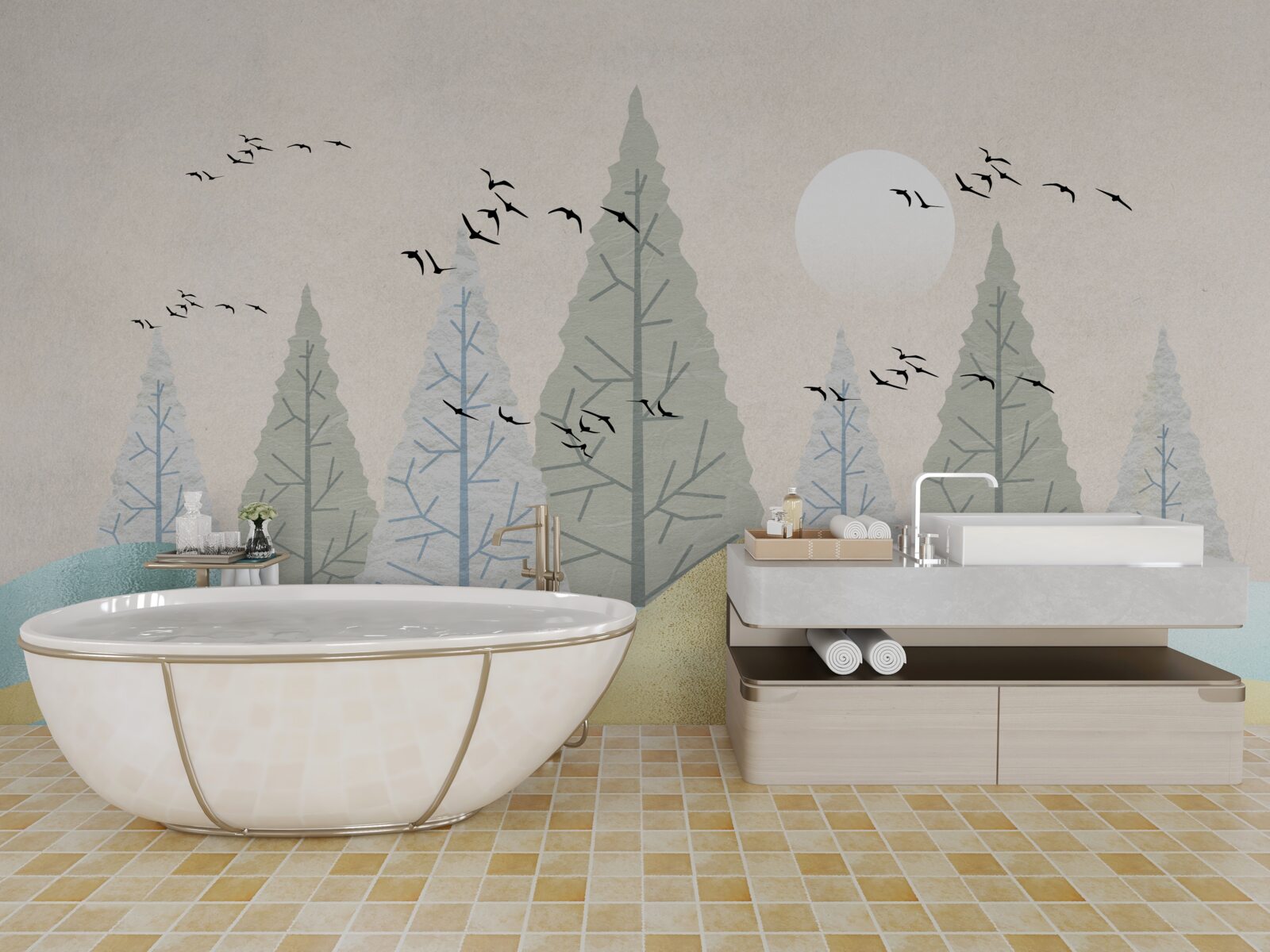 Фотошпалери птахи, що летять над лісом на заході сонця