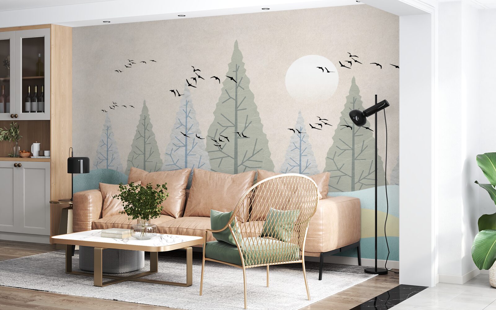 Фотошпалери птахи, що летять над лісом на заході сонця