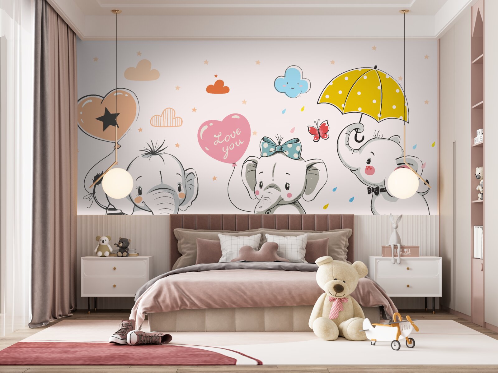 Фотошпалери Милі слоники з повітряними кульками