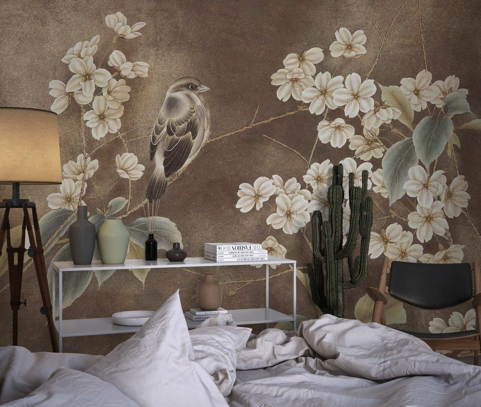 Фотошпалери горобець на гілці з білосніжними квітами