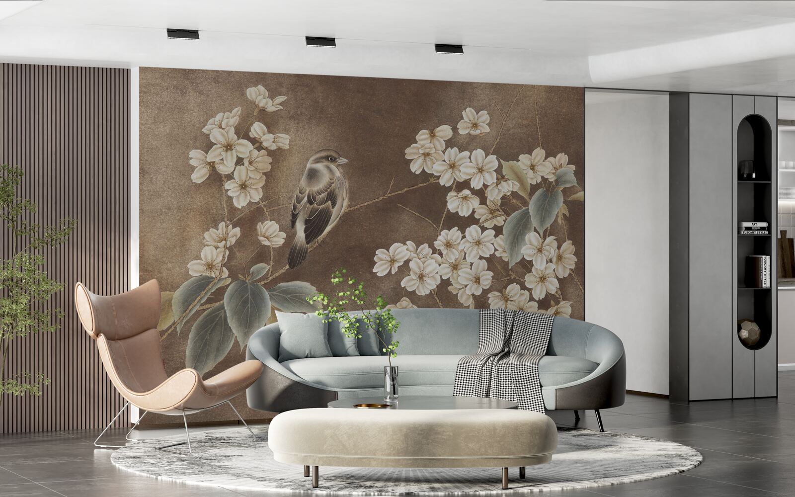 Фотошпалери горобець на гілці з білосніжними квітами