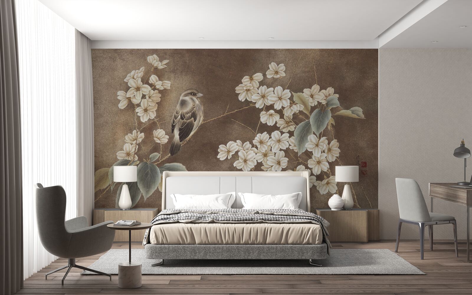 Фотошпалери горобець на гілці з білосніжними квітами