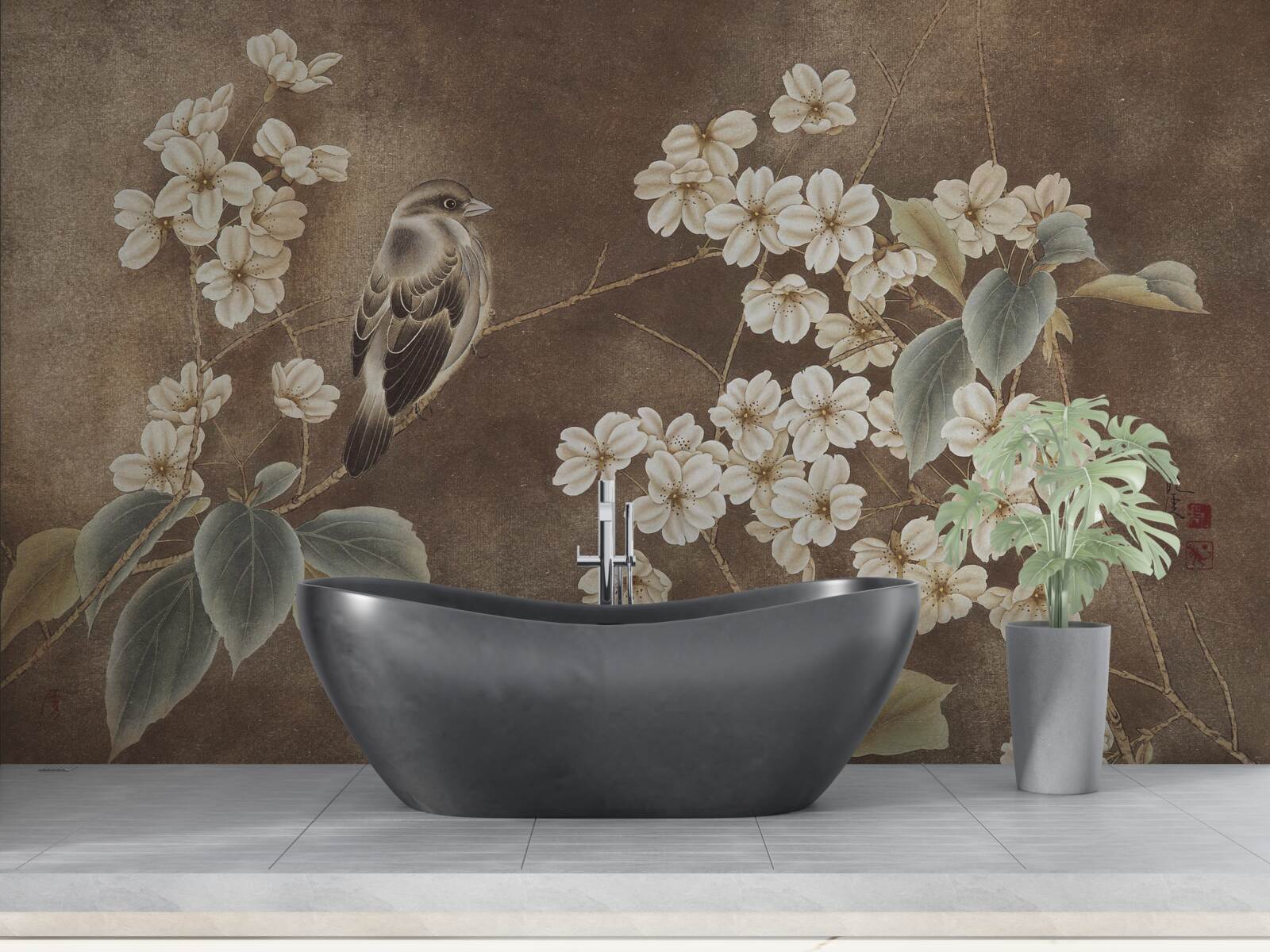 Фотошпалери горобець на гілці з білосніжними квітами