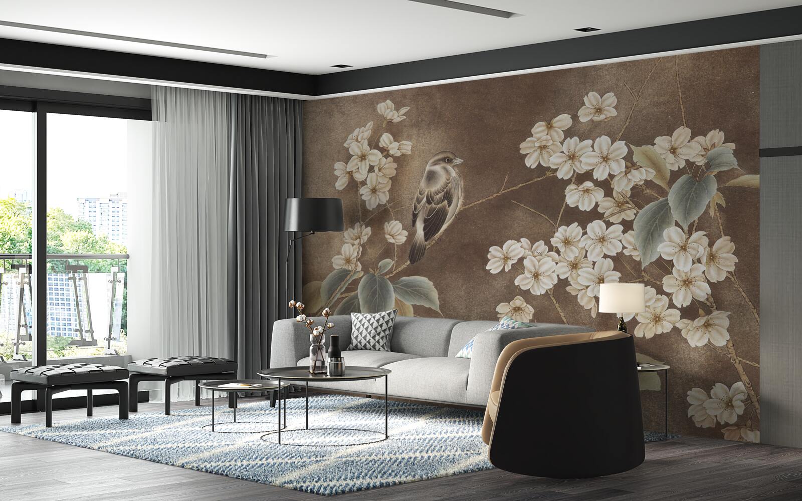 Фотошпалери горобець на гілці з білосніжними квітами