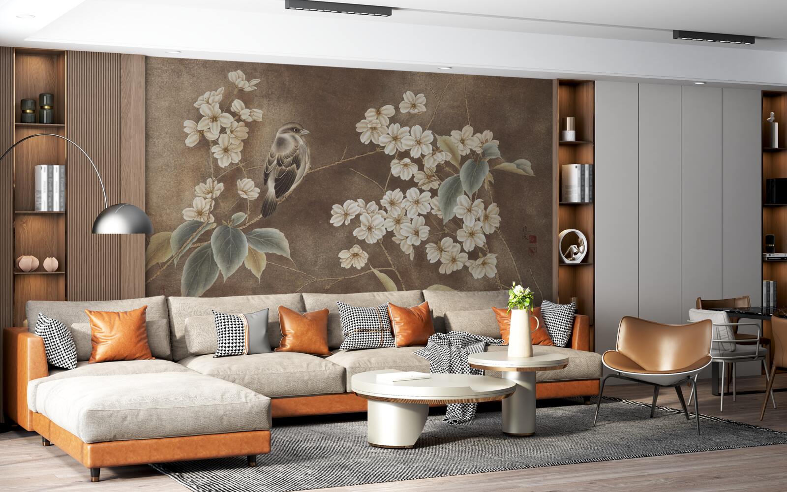 Фотошпалери горобець на гілці з білосніжними квітами