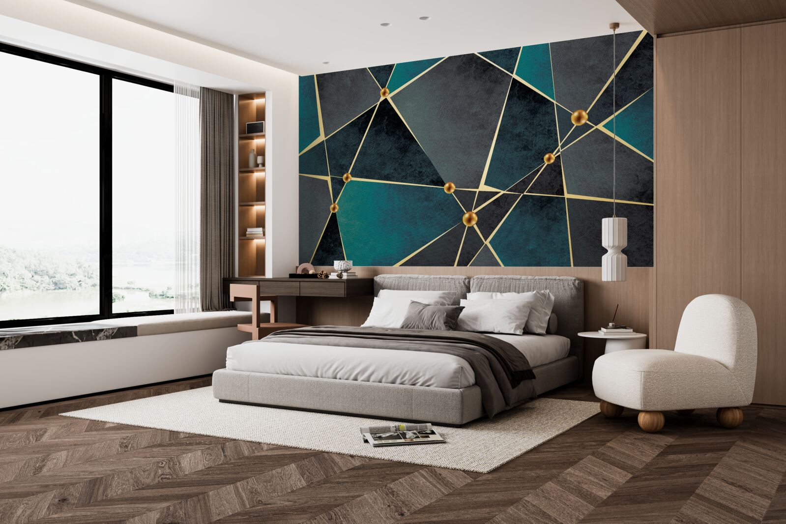 Фотошпалери смарагдова мозаїка з золотими акцентами