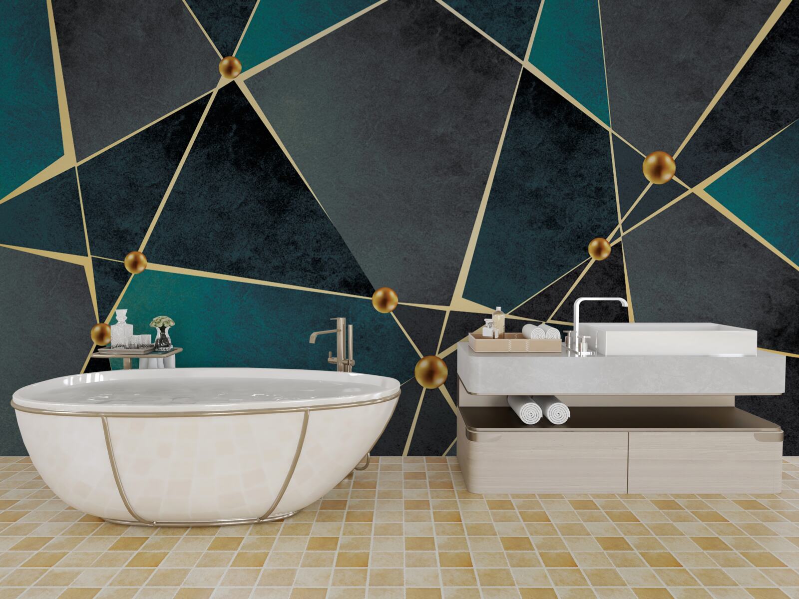 Фотошпалери смарагдова мозаїка з золотими акцентами