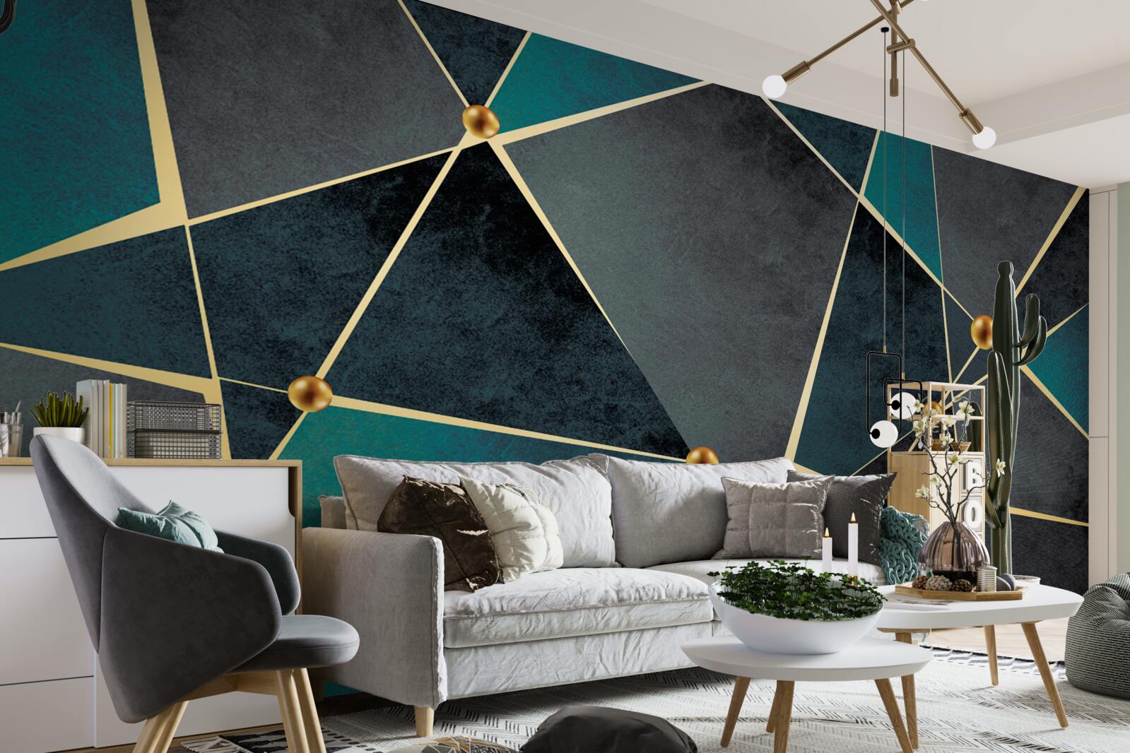 Фотошпалери смарагдова мозаїка з золотими акцентами