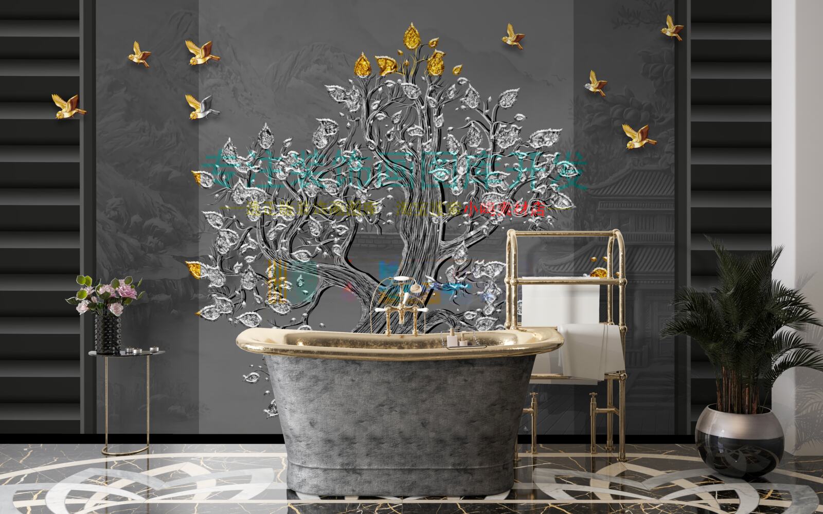 Фотошпалери золоте дерево і птахи, що літають у небі