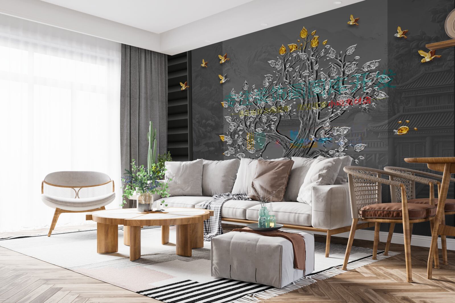 Фотошпалери золоте дерево і птахи, що літають у небі