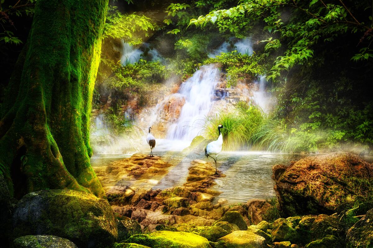 Фотошпалери чарівний гірський водоспад, що падає каскадом