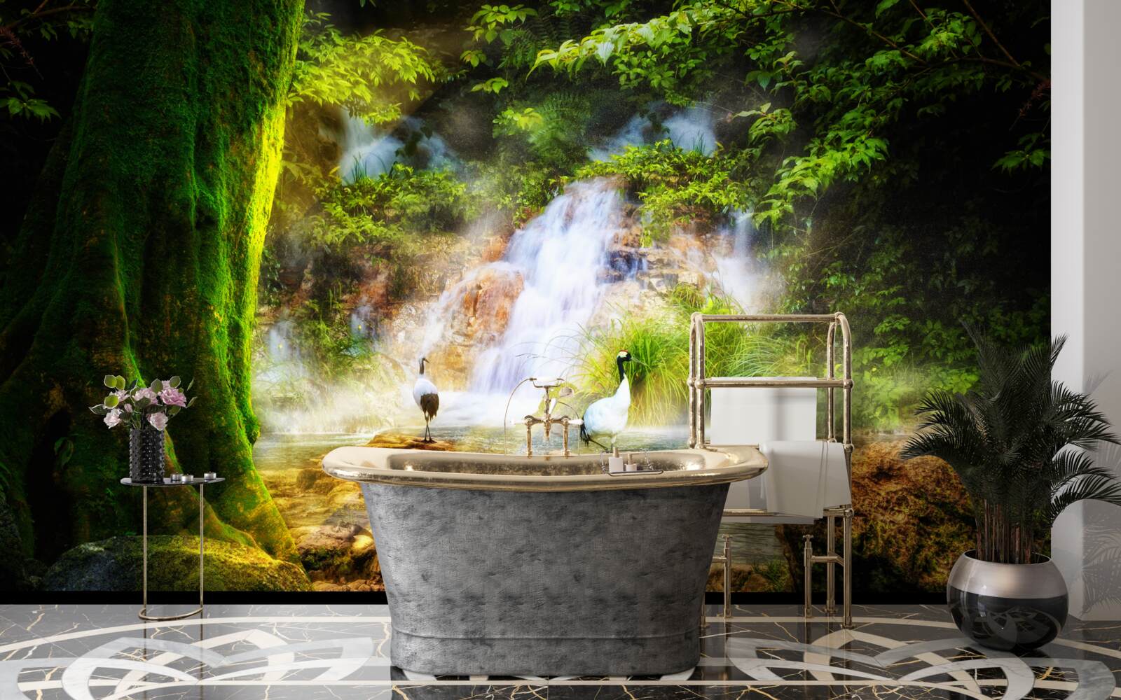 Фотошпалери чарівний гірський водоспад, що падає каскадом