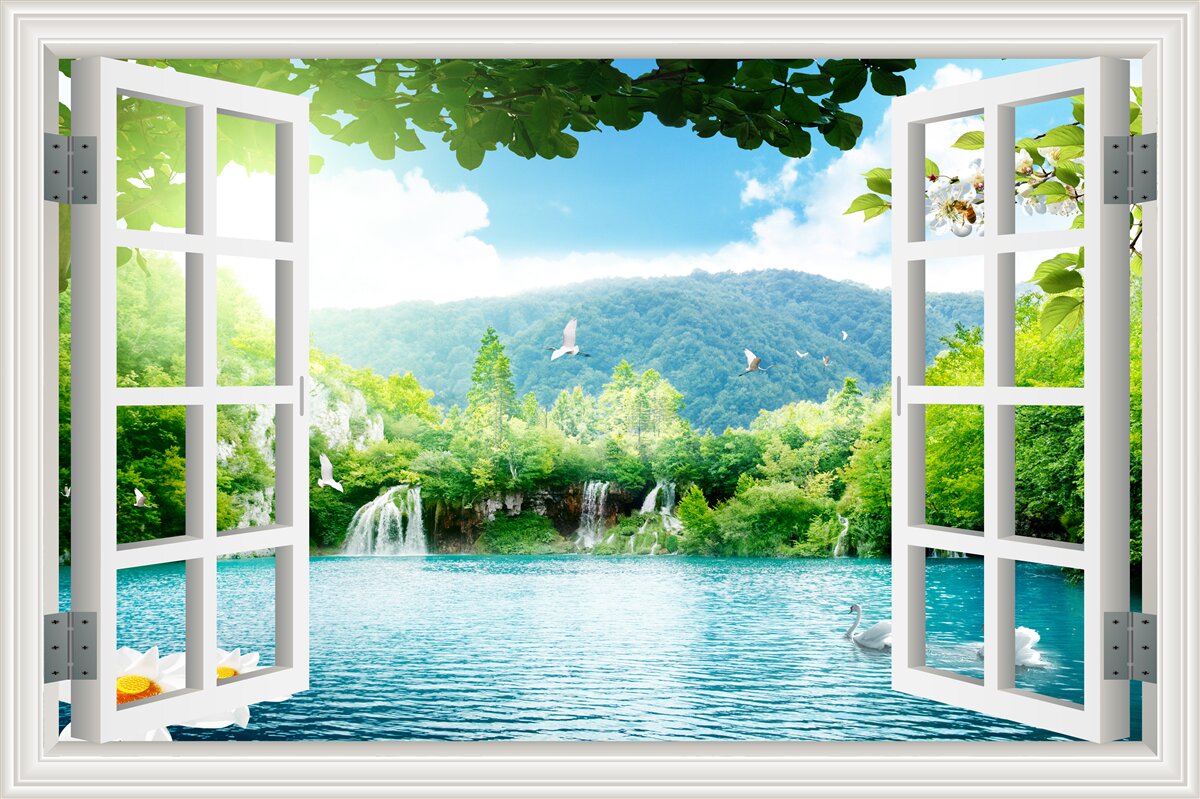 Фотошпалери вид з вікна на красиве озеро та водоспади