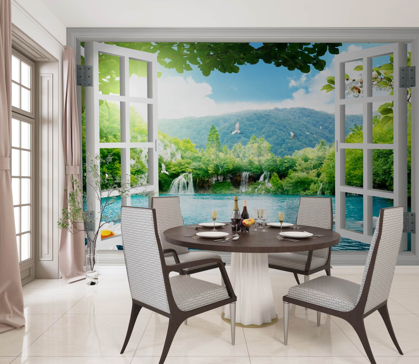 Фотошпалери вид з вікна на красиве озеро та водоспади