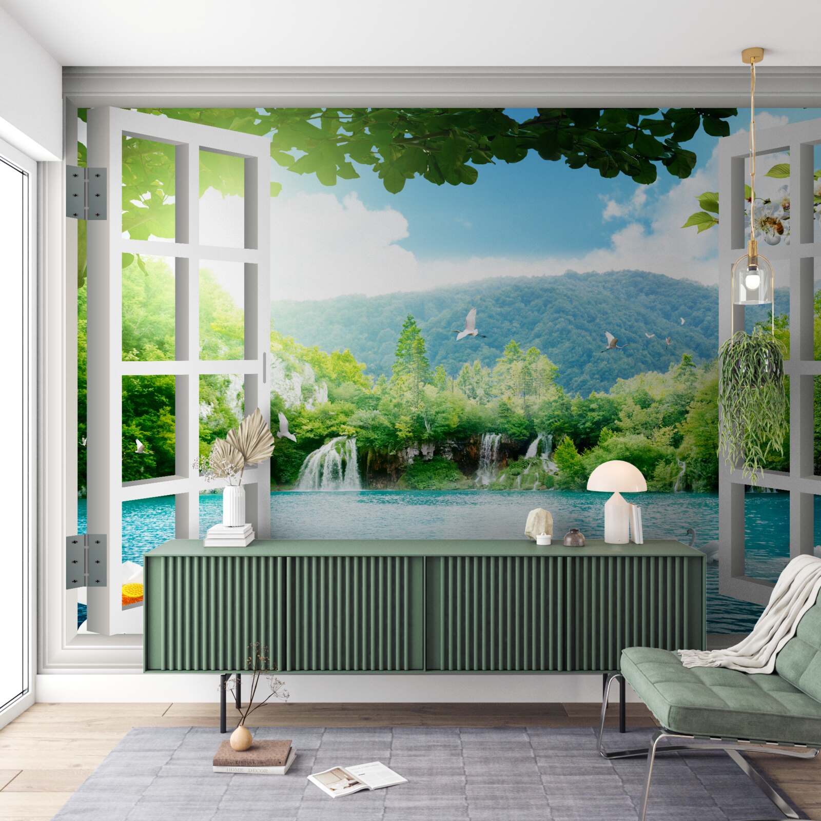 Фотошпалери вид з вікна на красиве озеро та водоспади