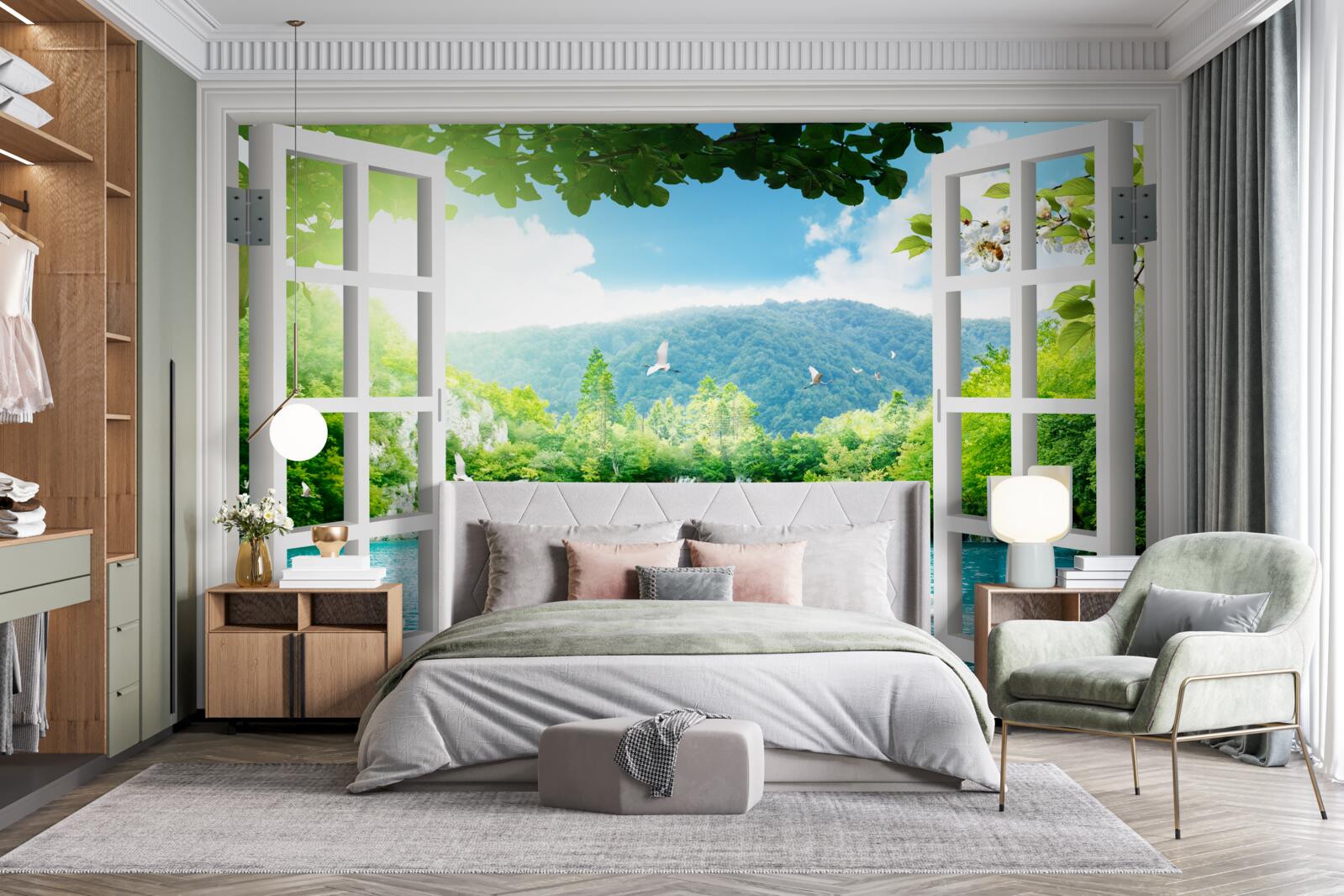 Фотошпалери вид з вікна на красиве озеро та водоспади