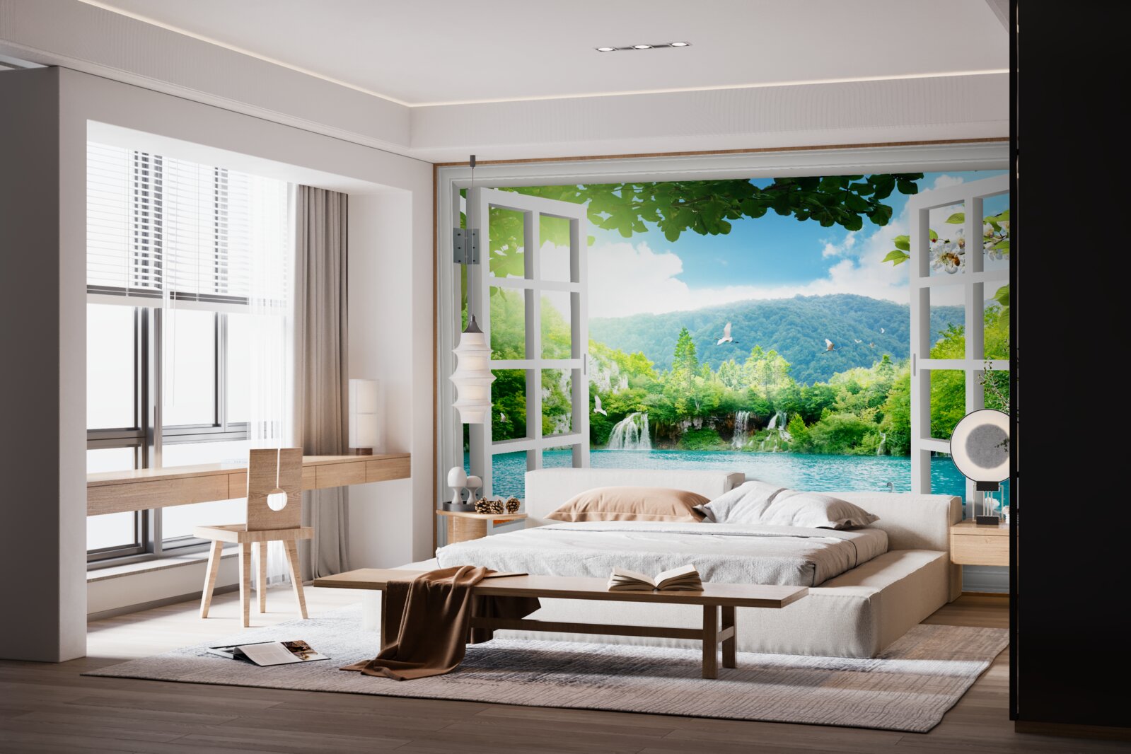 Фотошпалери вид з вікна на красиве озеро та водоспади