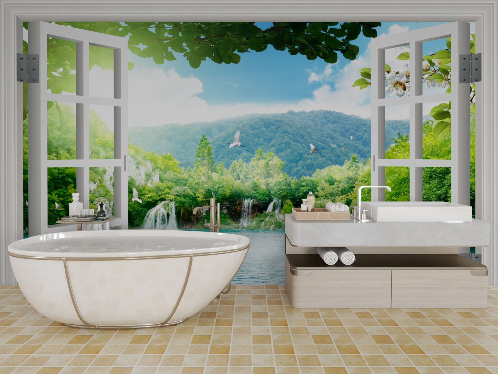 Фотошпалери вид з вікна на красиве озеро та водоспади