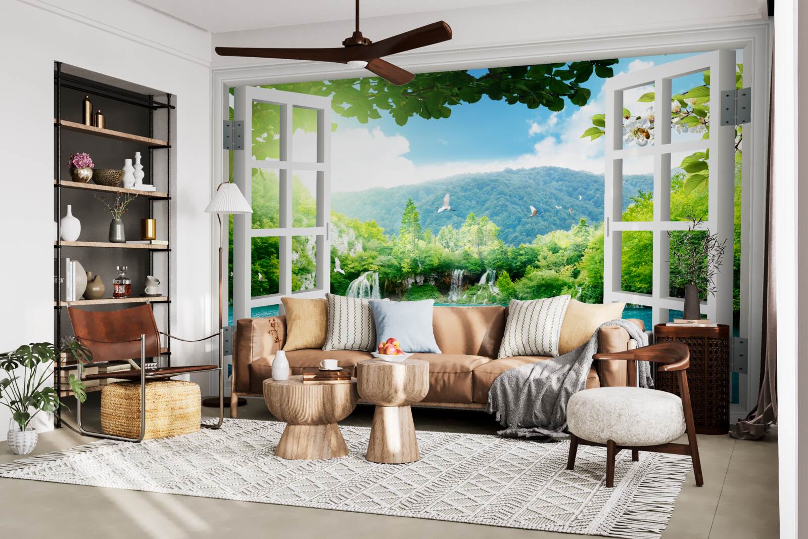 Фотошпалери вид з вікна на красиве озеро та водоспади