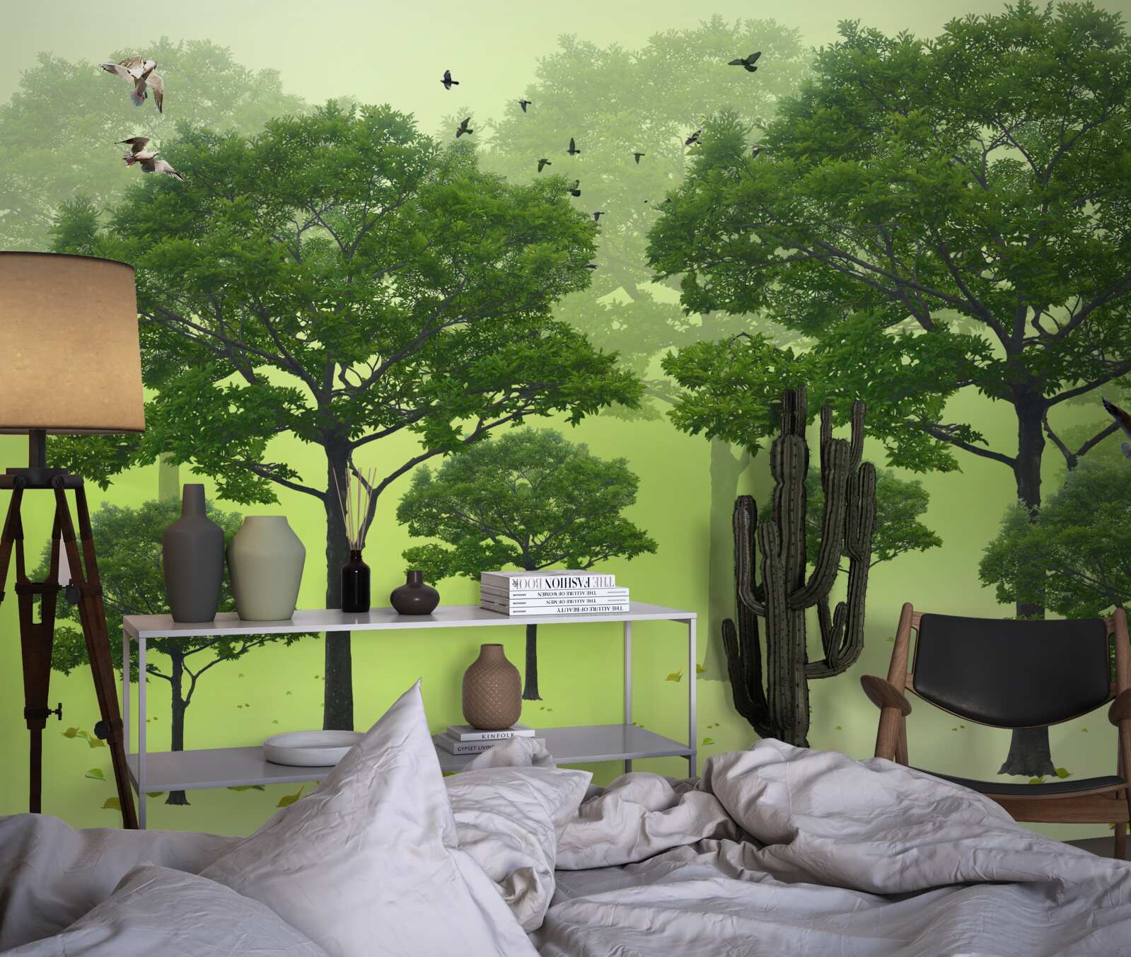 Фотошпалери ранковий ліс, вкритий зеленим листям