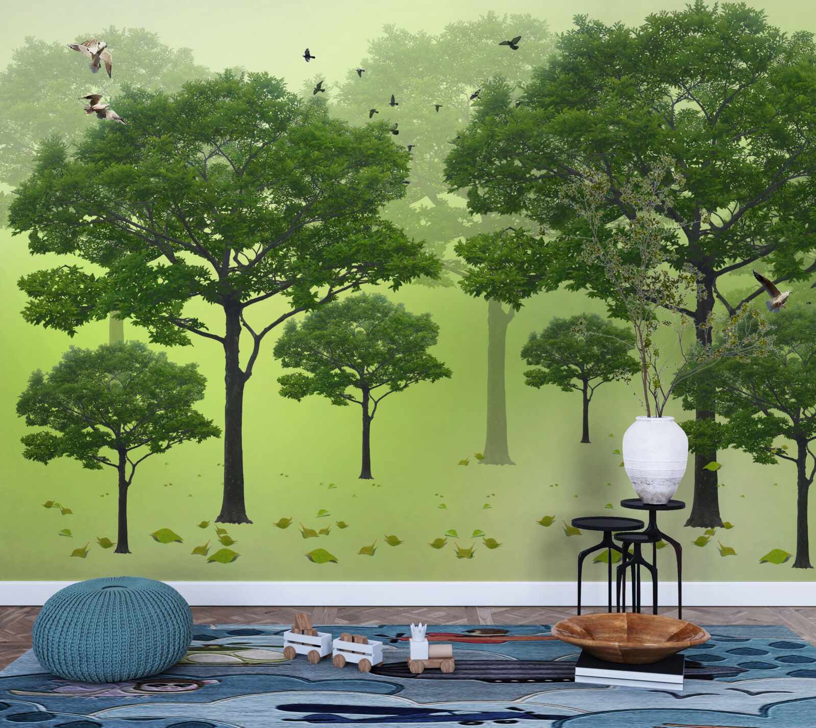 Фотошпалери ранковий ліс, вкритий зеленим листям