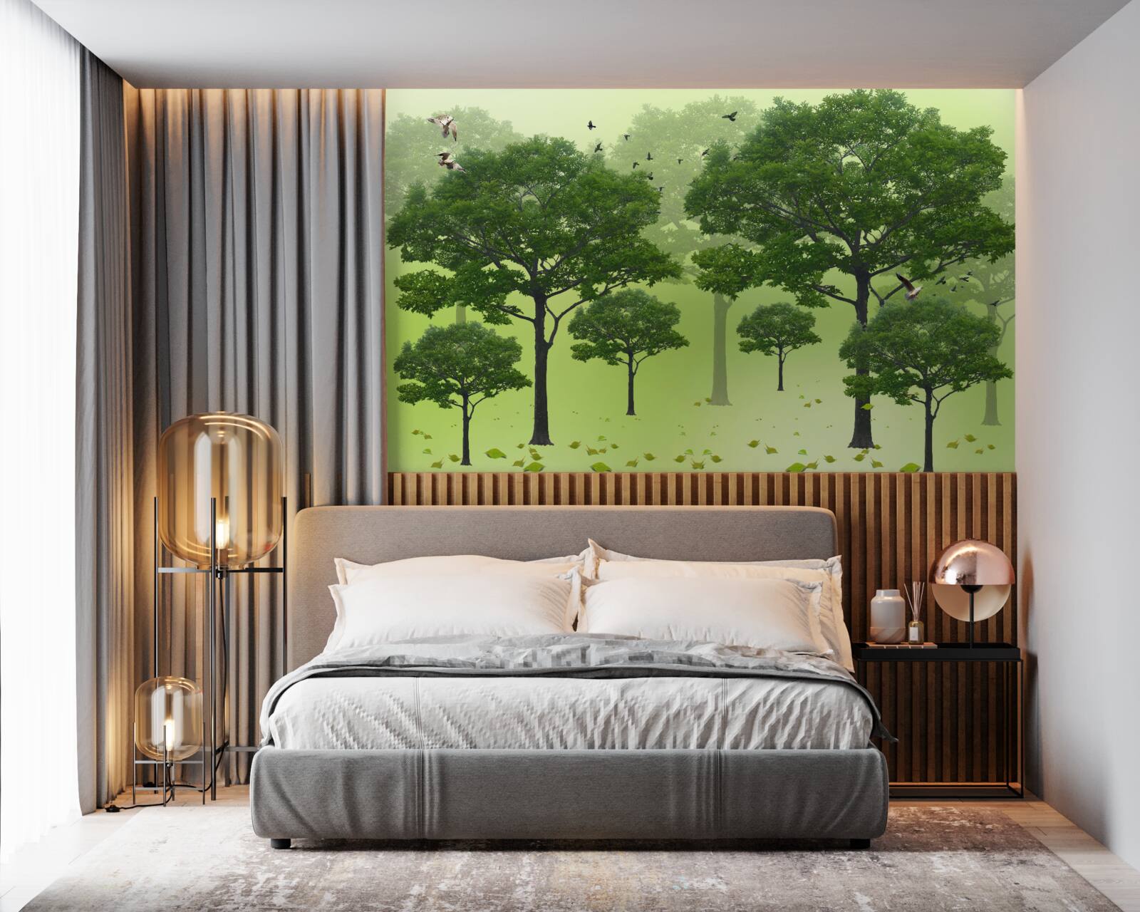 Фотошпалери ранковий ліс, вкритий зеленим листям